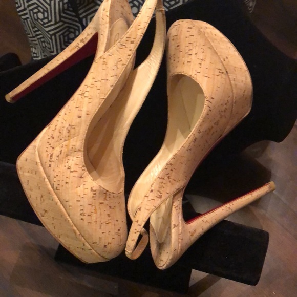 ❤️ Christian Louboutin Stiletto Red soles platform cork, stretch strap heels - Picture 5 of 12